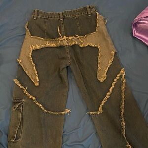 Distressed Denim Pants with Fringe Details